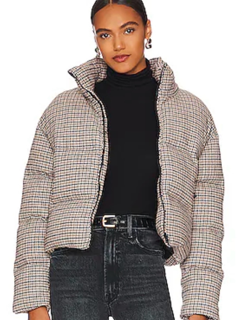 Line & Dot Plaid Puffer Jacket